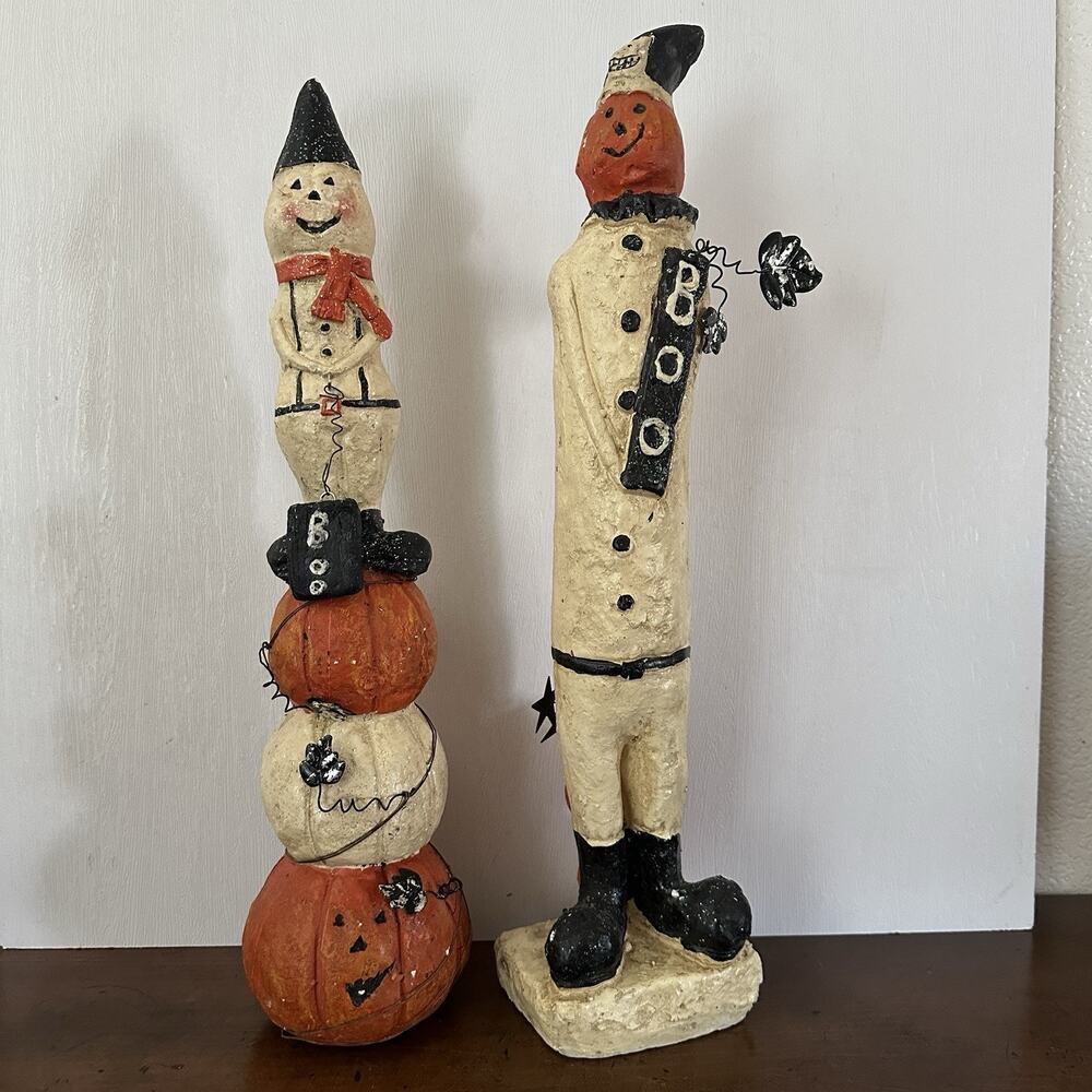 Halloween Primative Folk Art Pumpkin Snowman Figurine Decor 2 pc Fall Tabletop